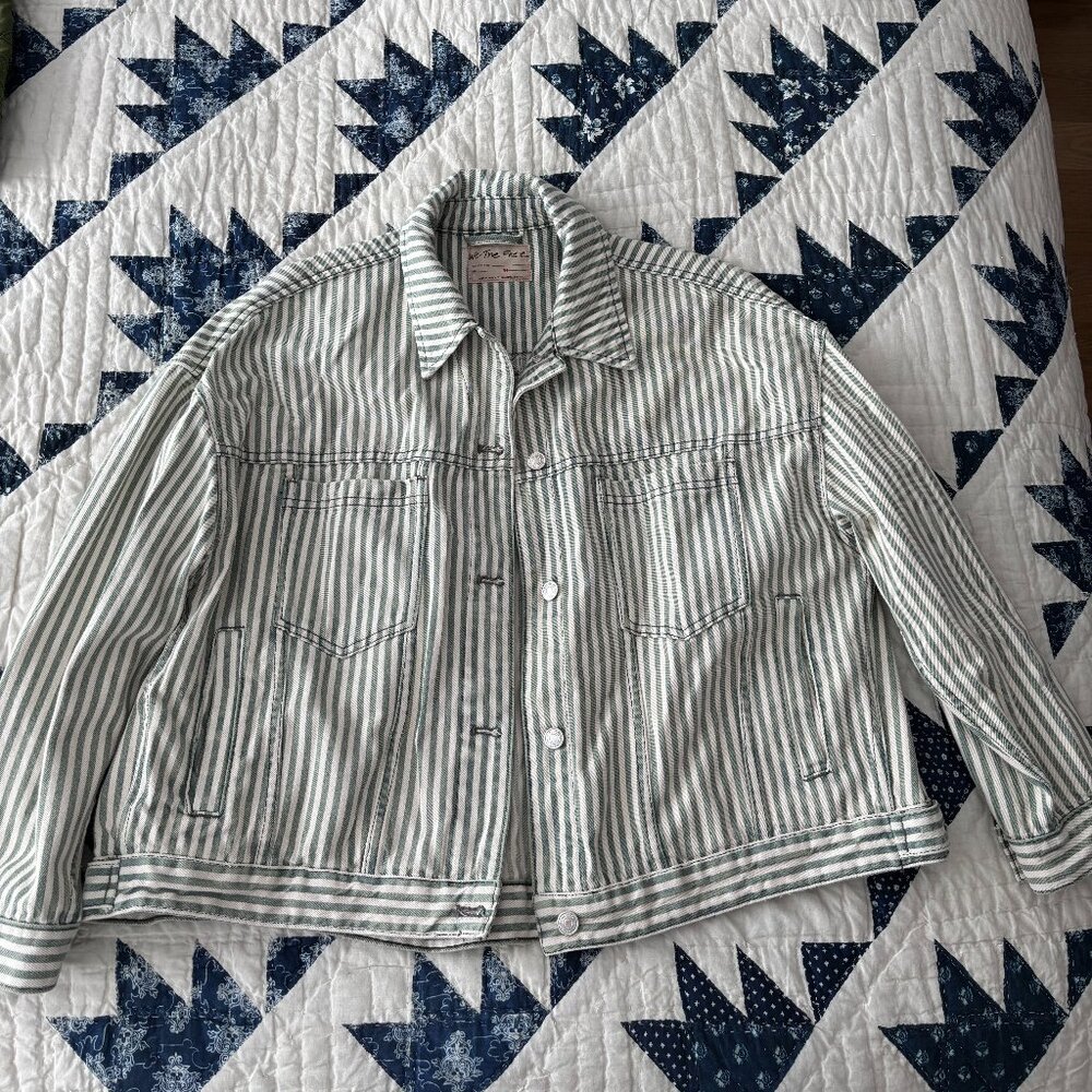 Free People unique striped denim jacket in green and white - size M